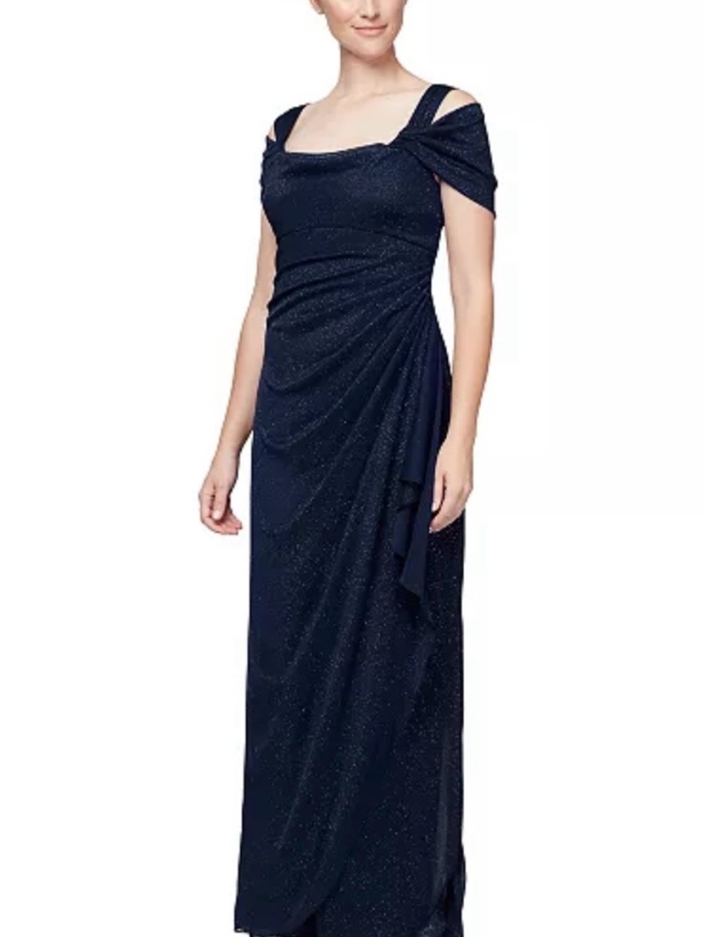 Alex Evenings Women's Cold-Shoulder Draped Metallic Gown